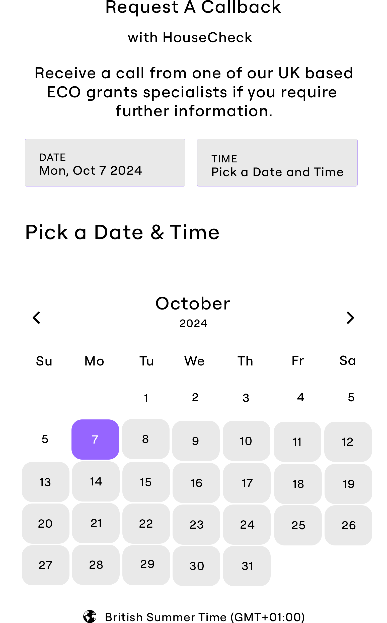 Interactive calendar for scheduling a callback request with HouseCheck to discuss UK based ECO grant opportunities.