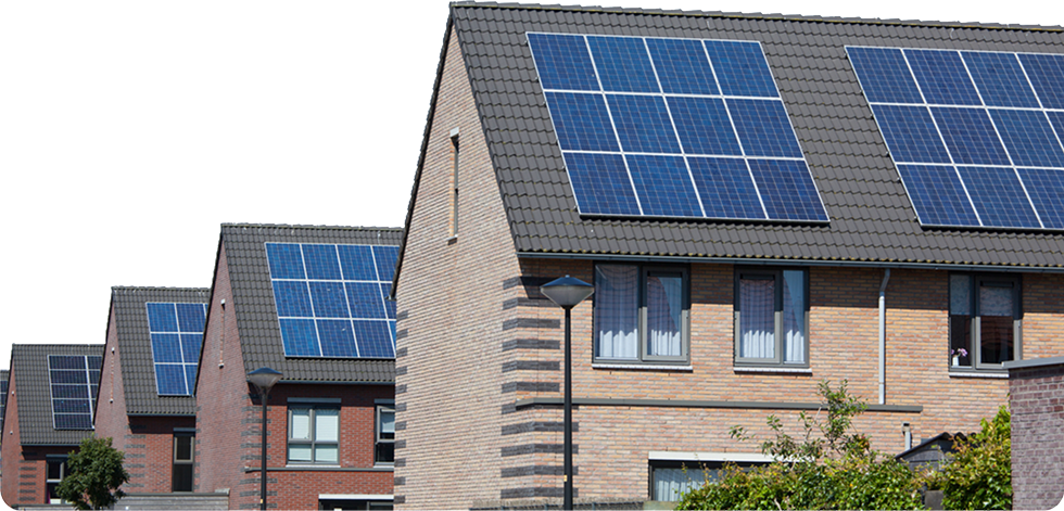 Multiple houses equipped with solar panels on their roofs