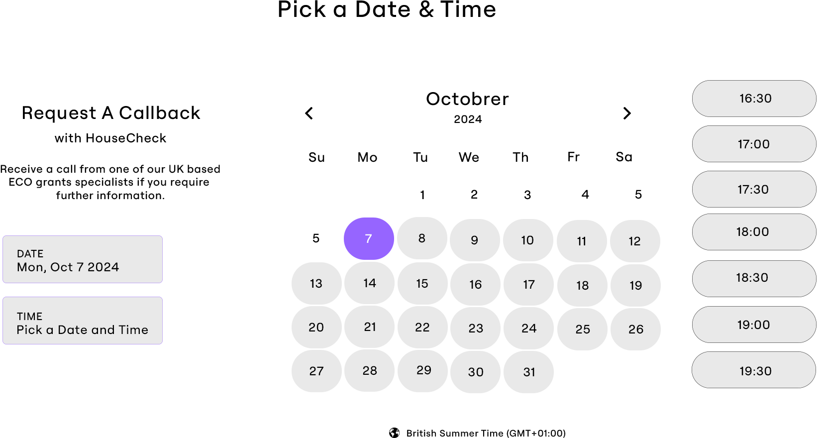 Interactive calendar for scheduling a callback request with HouseCheck to discuss UK based ECO grant opportunities.